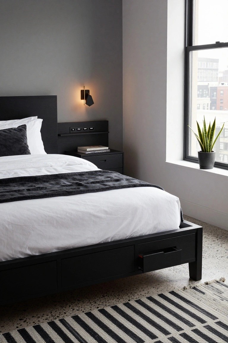 Modern bedroom with black bed frame featuring two open pull-out drawers at the base, white bedding with gray throw, nightstand holding books, wall light, snake plant in black pot by large window overlooking city, and black-and-white striped rug on speckled floor.