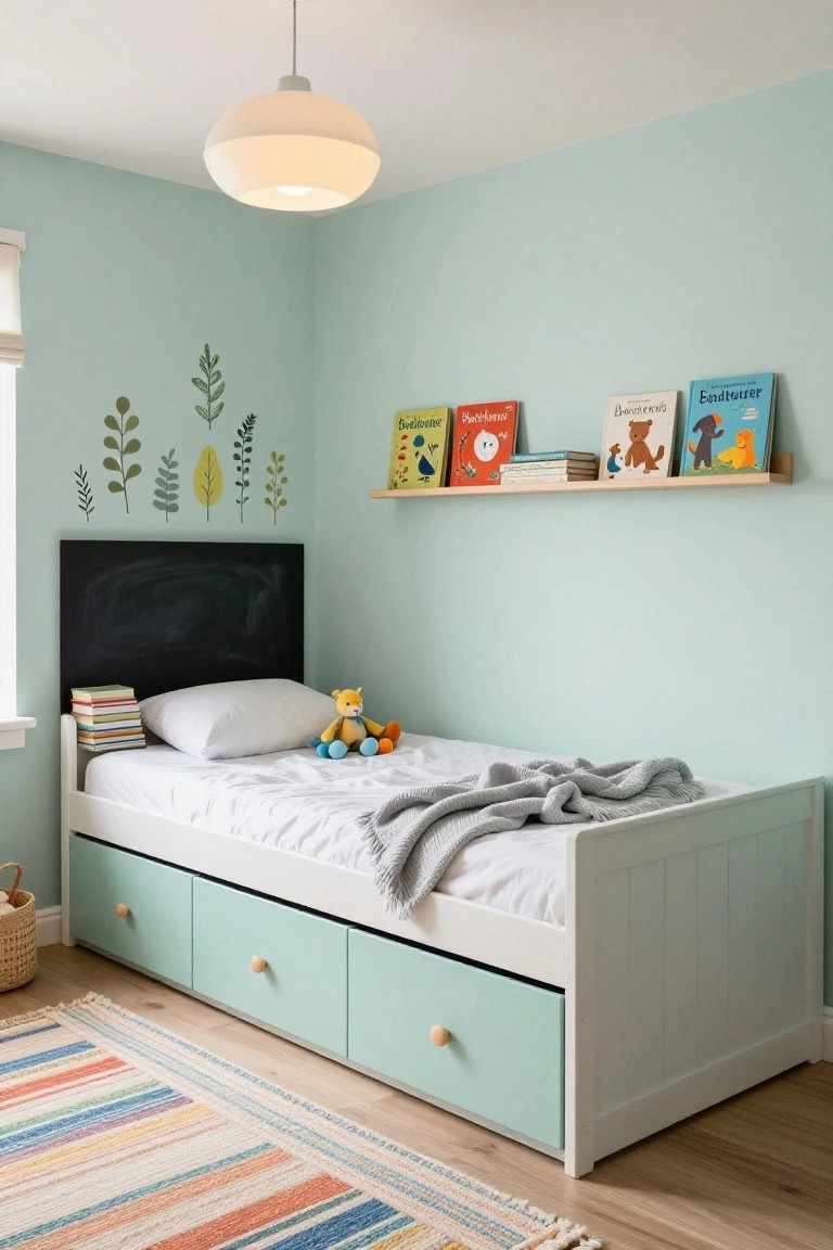 Child's bedroom with mint green walls, white bed frame featuring three mint green under-bed drawers, black chalkboard headboard, stuffed toys on white bedding, floating wooden shelf holding children's books, leaf wall decals, and woven basket on floor.
