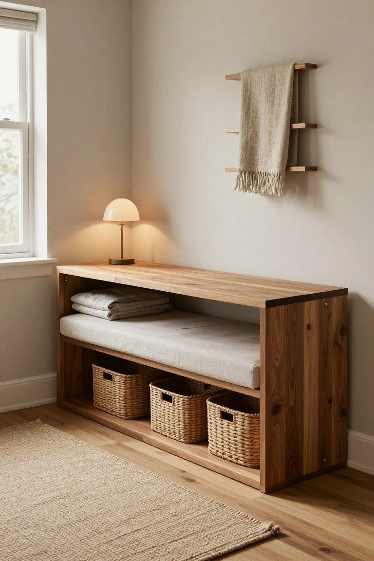 Wooden bench with cushioned seat, open lower shelves holding three woven baskets, folded gray linens on top shelf and inside, lamp on bench top, towel rack with textiles on wall, in beige room by window.