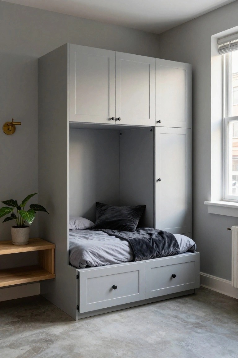 Gray corner wardrobe unit with open center section containing a bed on a platform with drawers underneath, beside a window in a light gray room with a potted plant on a side table.