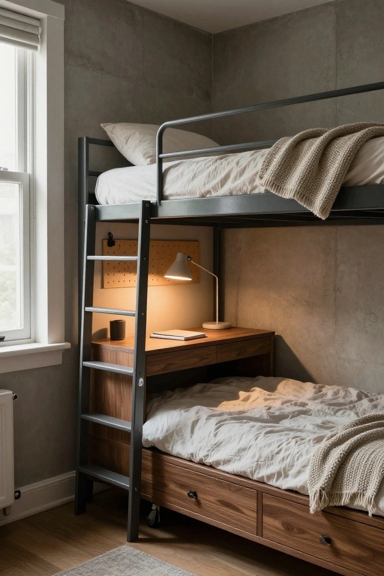 Gray metal bunk bed in a bedroom corner with integrated wooden desk and drawers under the upper bunk, ladder access, lower bed with white linens, against gray concrete walls and near a window.