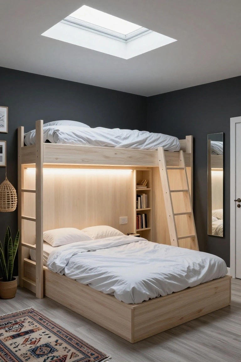 Wooden bunk bed with lower platform bed, built-in open shelving, LED lighting strips, ladder, and upper mattress in a gray bedroom with houseplants and rug.