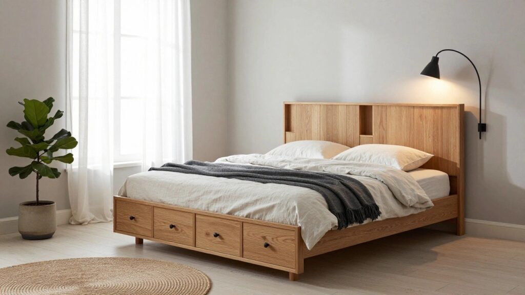 20 Smart Storage Bed Ideas for a More Organized Bedroom Wooden platform bed with open drawers underneath in a light bedroom, headboard shelves, white bedding, nightstand, potted fiddle leaf fig plant near window with sheer curtains, wall sconces lit.