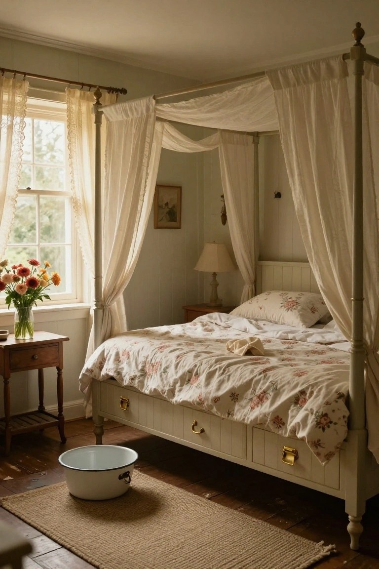 A corner of a light-colored bedroom with a white four-poster canopy bed featuring floral bedding and brass-handled drawers underneath, a side table with flowers, lamp, and a white enamel basin on a seagrass rug.