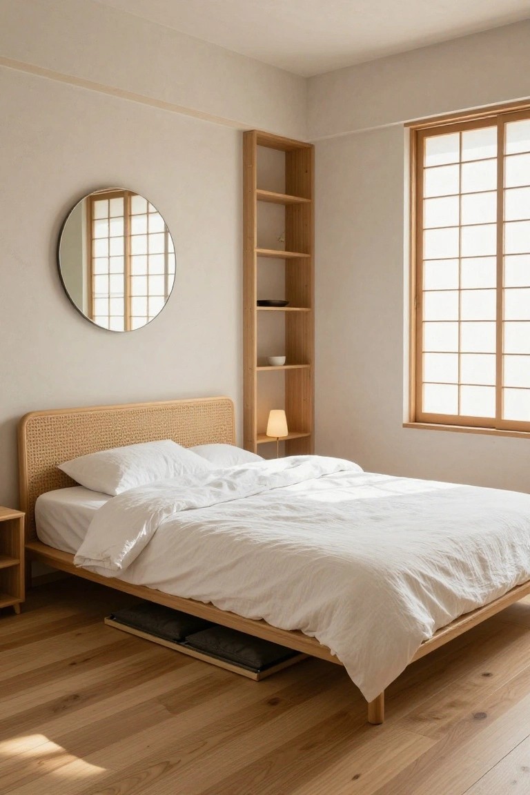 A minimalist bedroom with a low wooden platform bed featuring rattan headboard, white linens, and gray cushions in pull-out drawers underneath, next to a nightstand, built-in wooden shelves with lamp and bowls, round mirror, and shoji-style window.