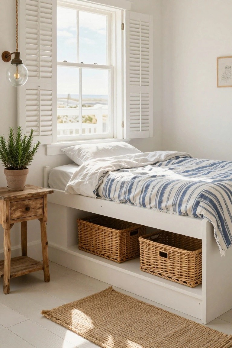 White platform bed with blue-striped linens and wicker baskets in under-bed cubbies, wooden nightstand with potted rosemary plant, in a bright bedroom with shuttered window and ocean view.