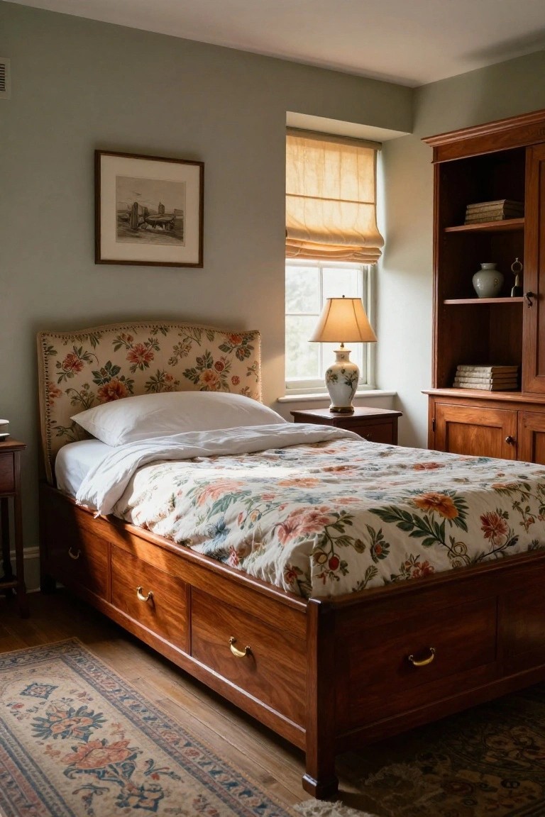 Cozy bedroom with floral bedding, wooden furniture, and a sunlit window.