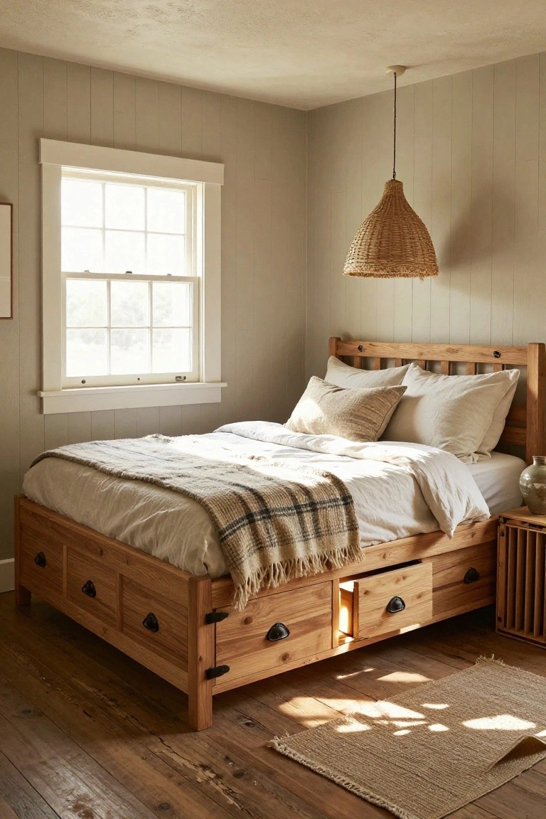 Wooden platform bed with side drawers in a light gray bedroom, white bedding, plaid throw, rattan pendant light, and window with natural sunlight.