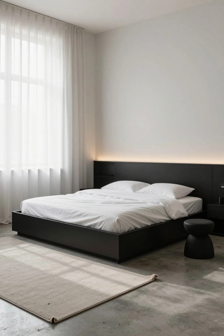 Minimalist bedroom with low black platform bed frame, white bedding and pillows, sheer white curtains on tall windows, black upholstered stool, and bedside lamp on concrete floor.