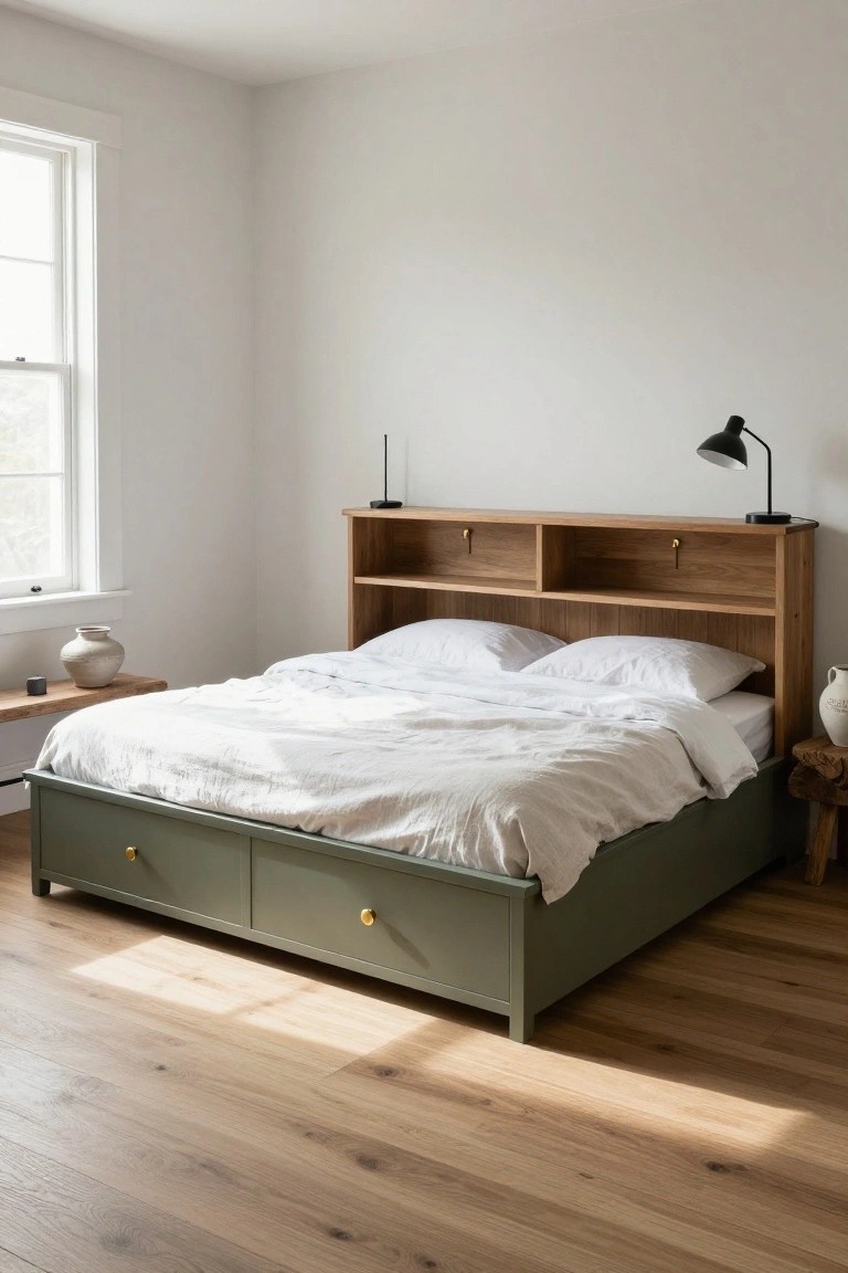 Bedroom with green platform bed featuring underbed drawers with brass knobs, oak headboard with open shelves and hooks, white linen bedding, side tables with ceramic vases, black desk lamp, and hardwood floors.