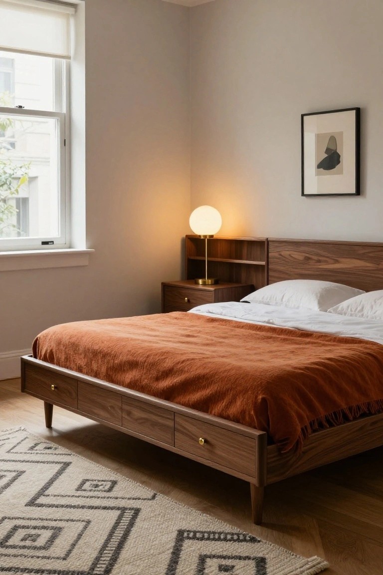 A bedroom corner showing a low walnut platform bed with drawers under brass knobs, white bedding topped by an orange throw, matching nightstand with globe lamp, light gray walls, window with sheer blind, and geometric rug on wood floors.