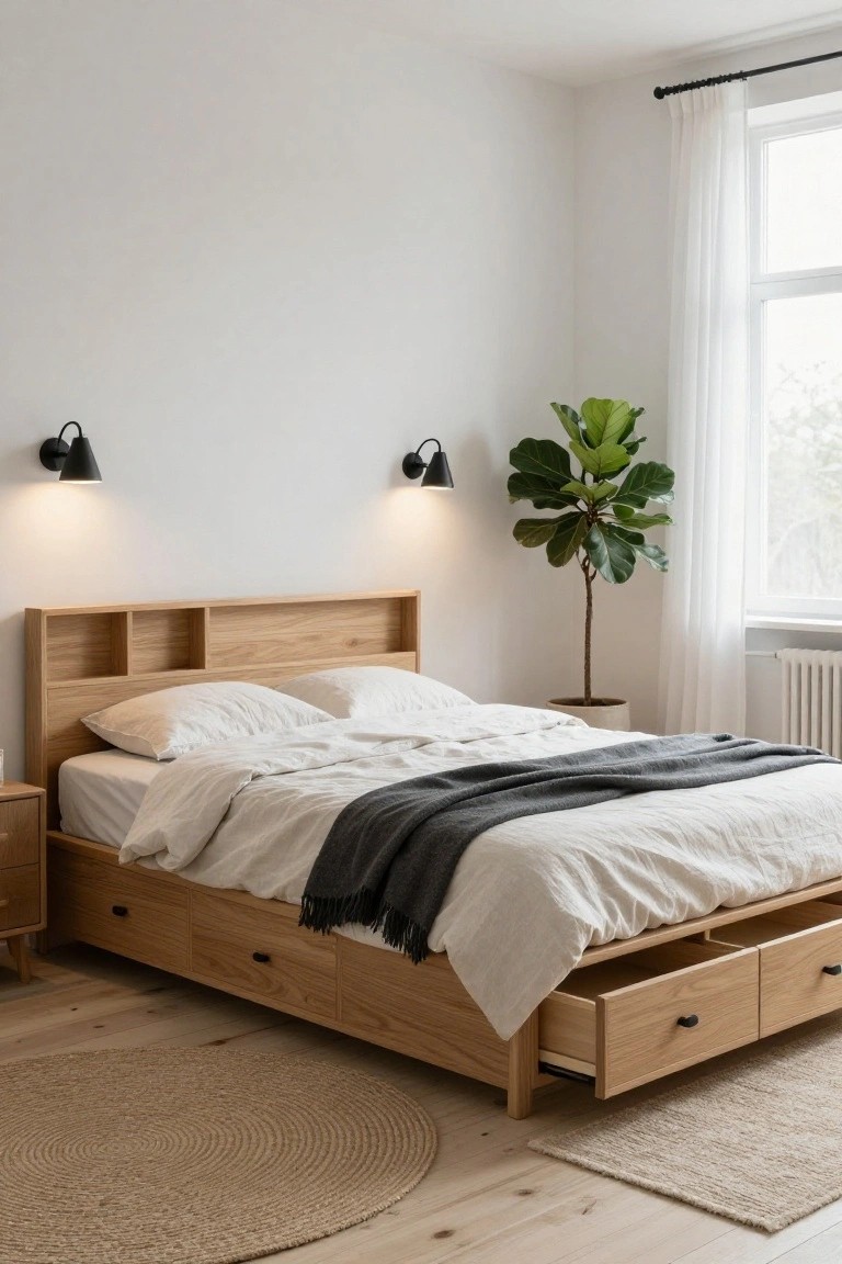 Wooden platform bed with open drawers underneath in a light bedroom, headboard shelves, white bedding, nightstand, potted fiddle leaf fig plant near window with sheer curtains, wall sconces lit.