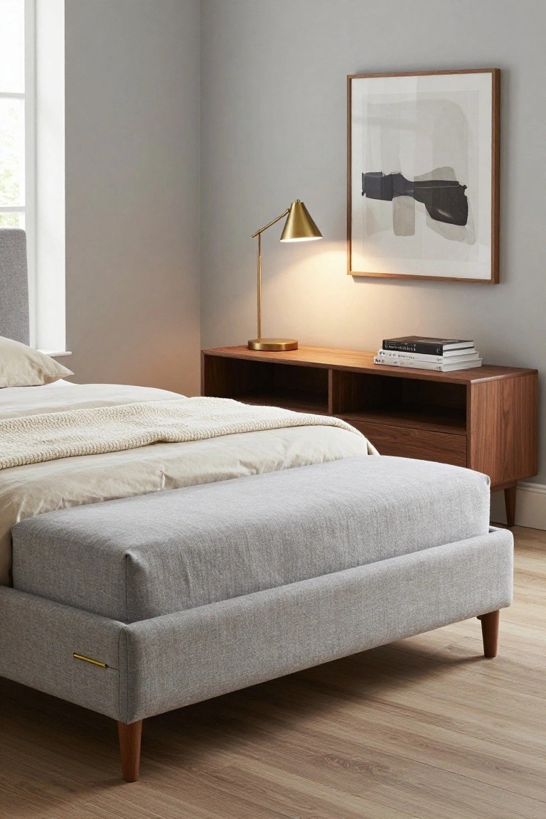 Corner of a light gray bedroom with low gray upholstered platform bed, matching fabric bench at foot, walnut nightstand holding gold lamp and stacked books, abstract framed artwork on wall, hardwood floor.
