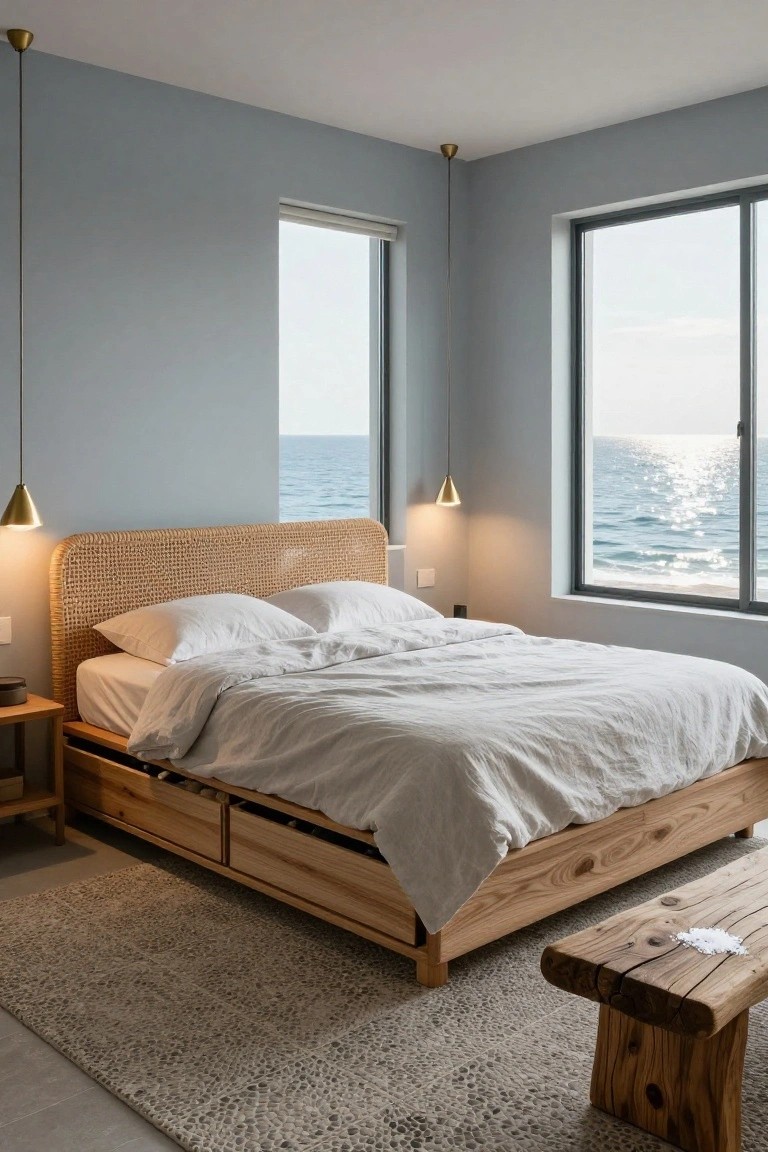 Bedroom interior featuring a low wooden platform bed with rattan headboard and pull-out drawers underneath containing shoes, white bedding, blue walls, pendant lights, large windows overlooking the ocean, a wooden nightstand, and a tree stump bench on a pebble floor.