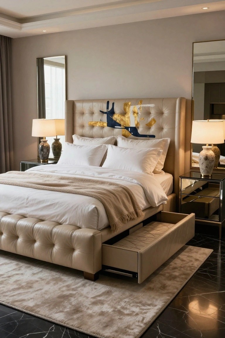 A beige tufted upholstered bed in a neutral bedroom with a pull-out storage drawer open at the footboard, flanked by mirrored nightstands holding ceramic lamps.