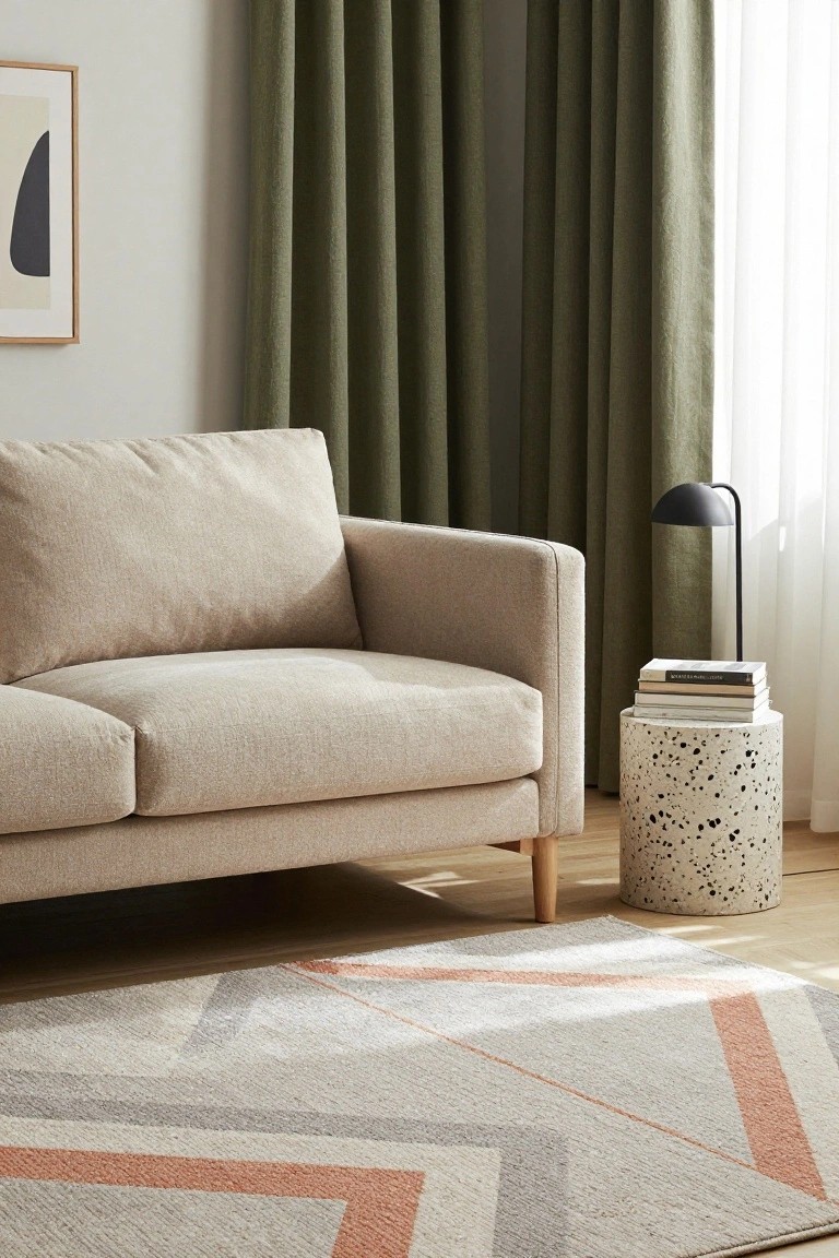 Light beige sofa in a living room beside heavy green curtains, with a black arched lamp on a speckled white stool holding stacked books, and a geometric gray rug with orange lines on a wood floor.