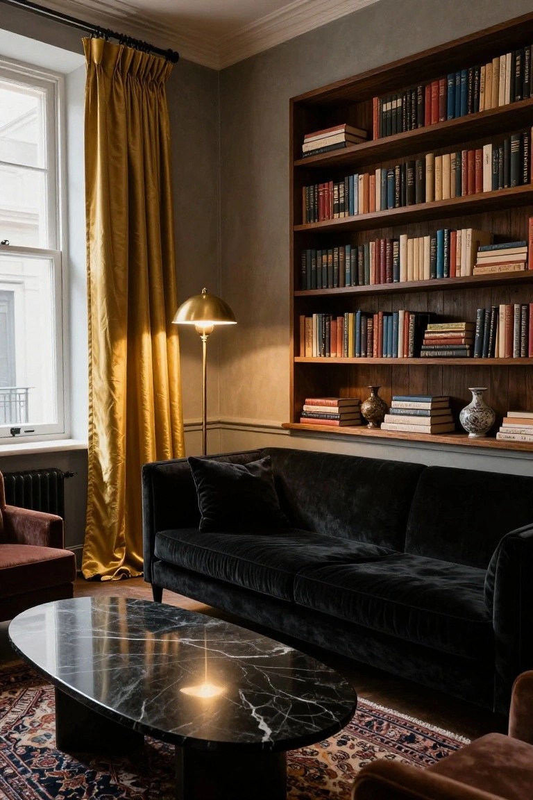 Interior room with black velvet sofa, mustard yellow pleated curtains at a tall window, wooden bookshelves filled with books, brass floor lamp, maroon armchairs, black marble oval coffee table, and patterned rug.