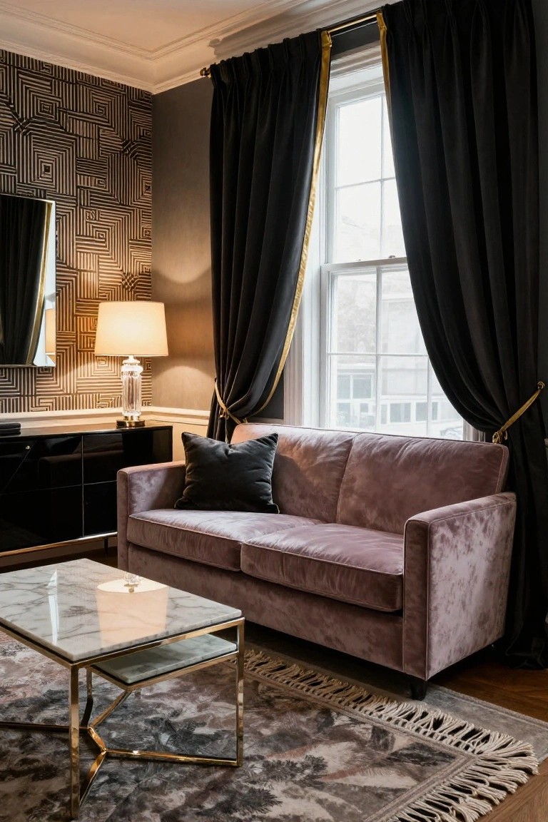 Interior room with pink velvet sofa, black velvet curtains with gold trim on tall windows, geometric black-and-white wallpaper, brass lamp on credenza, marble coffee table, and patterned rug.