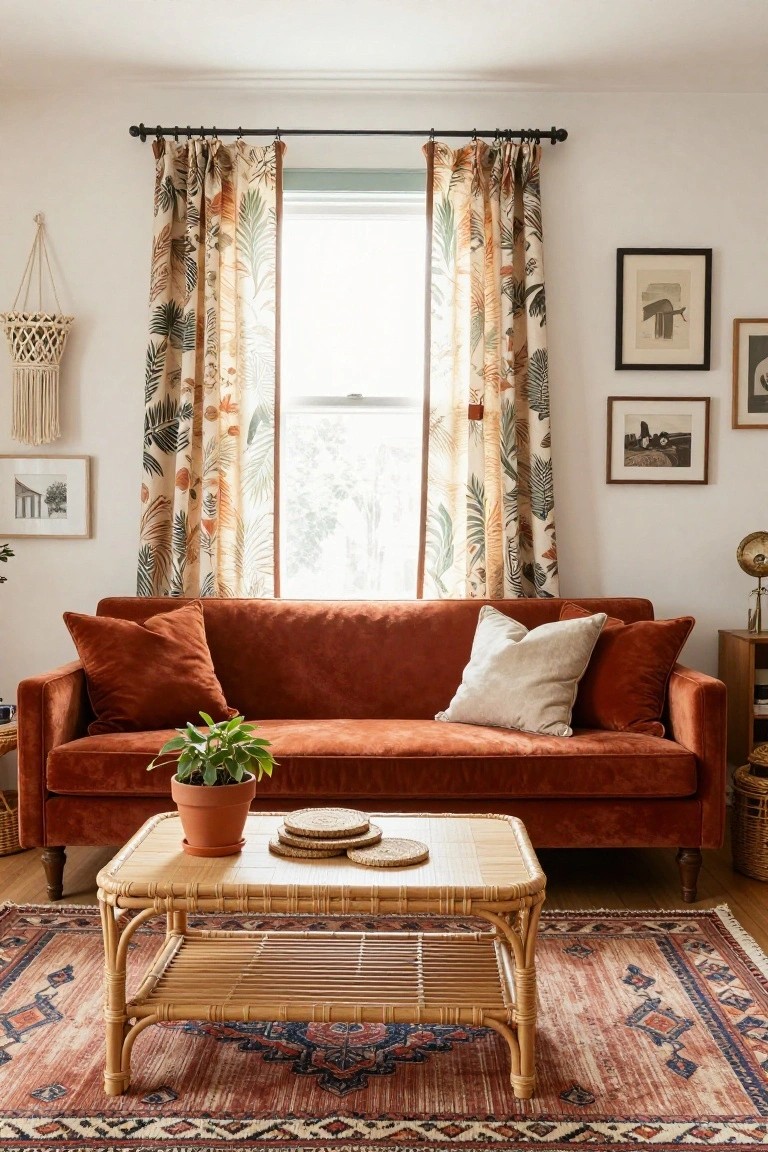 Living room with burnt orange velvet sofa, white pillows, rattan coffee table with plant, terracotta rug, tropical leaf print curtains on window, macrame hanger, and framed art on white walls.