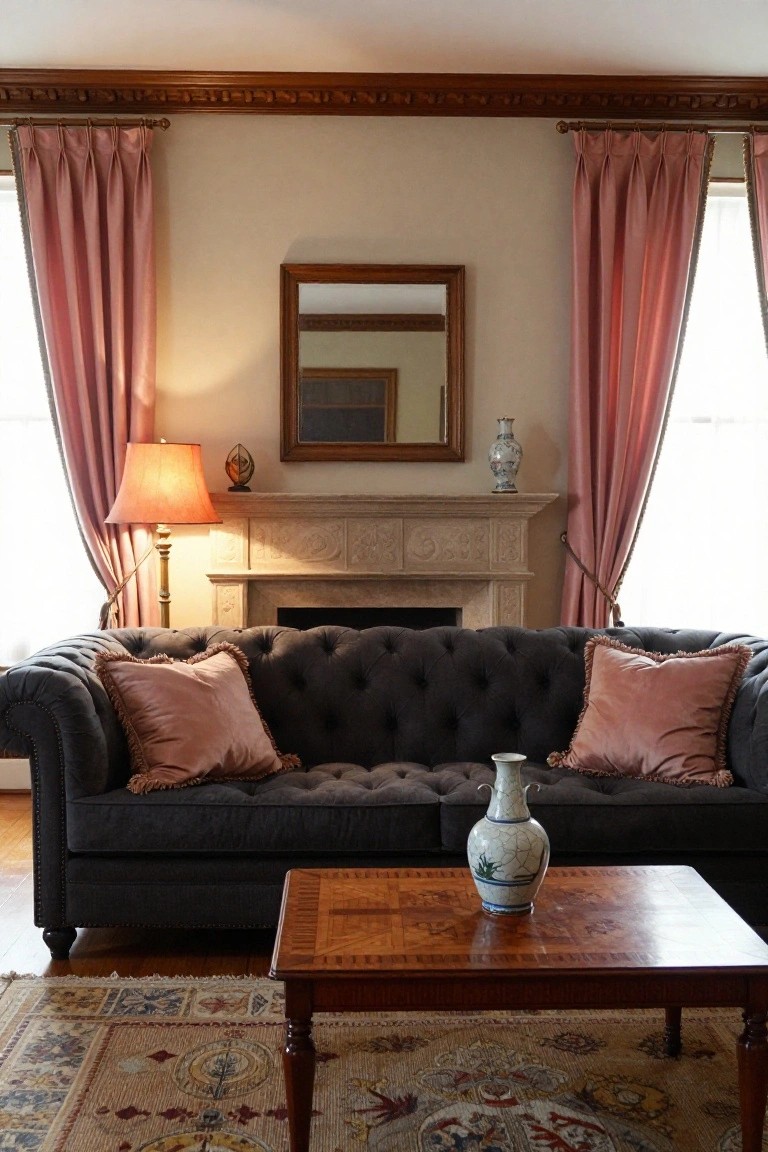 Living room interior with dark gray tufted sofa and matching pink velvet pillows and curtains, limestone fireplace, wooden coffee table holding a white vase, brass lamp, mirror above mantel, and oriental rug on hardwood floor.