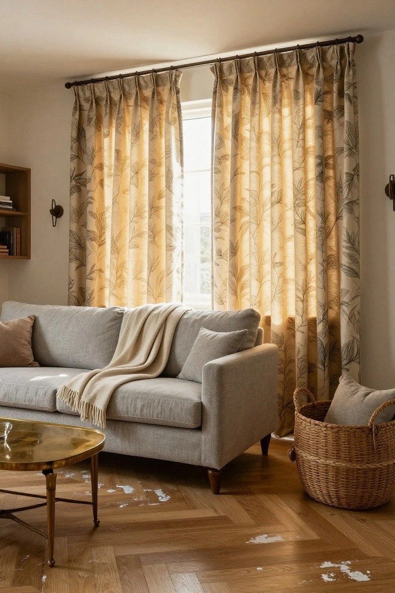 Cozy living room with gray sofa, leafy curtains, and herringbone floor.