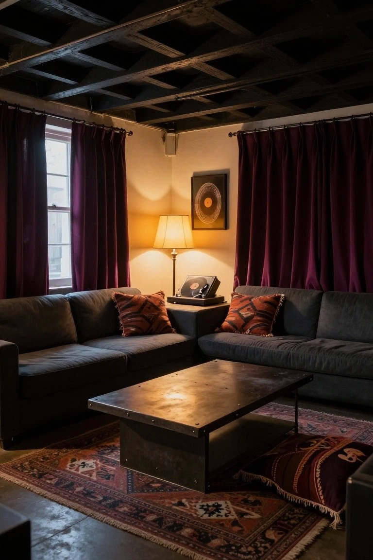 A cozy lounge corner with two dark gray L-shaped sofas, deep purple curtains on two windows, orange patterned pillows, a low metal coffee table, brass lamp, record player on a side table, and a colorful rug on a concrete floor under exposed black beams.