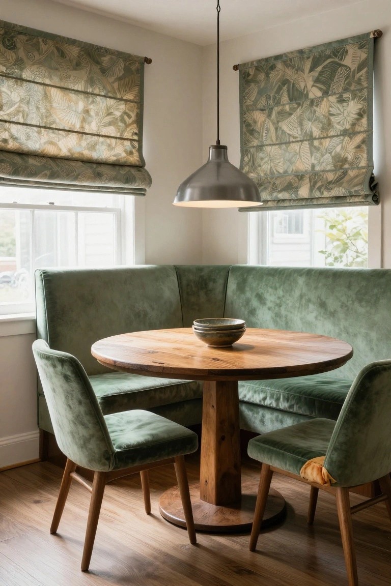 Interior dining nook featuring a green velvet L-shaped banquette, two matching chairs, round wooden table with ceramic bowls, leaf-patterned green Roman shades on two windows, and a metallic pendant light.