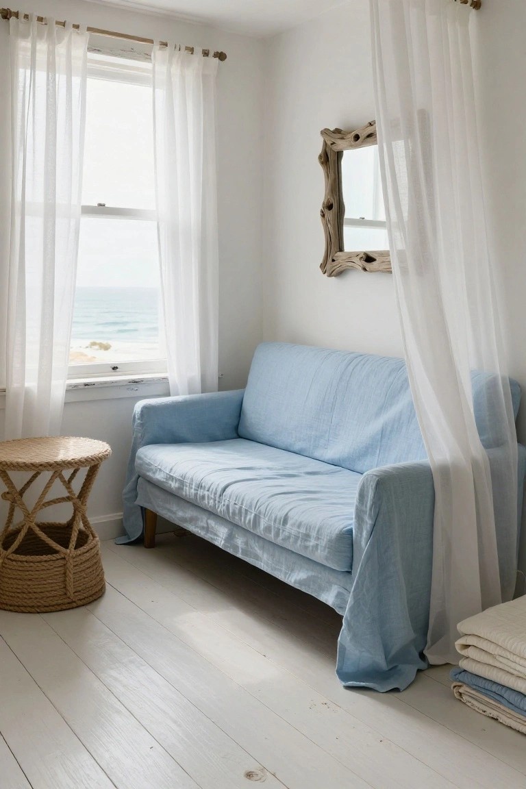 Light blue linen-covered sofa in a white room with sheer white curtains draped nearby, rattan side table with basket, driftwood-framed mirror, and ocean view through large window with white curtains.
