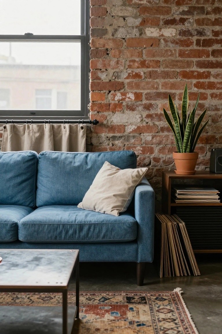Navy blue two-seat sofa with cream pillows against exposed brick wall in industrial living room, beige curtains on large window, snake plant on wooden shelf with records and turntable, metal coffee table on patterned rug.