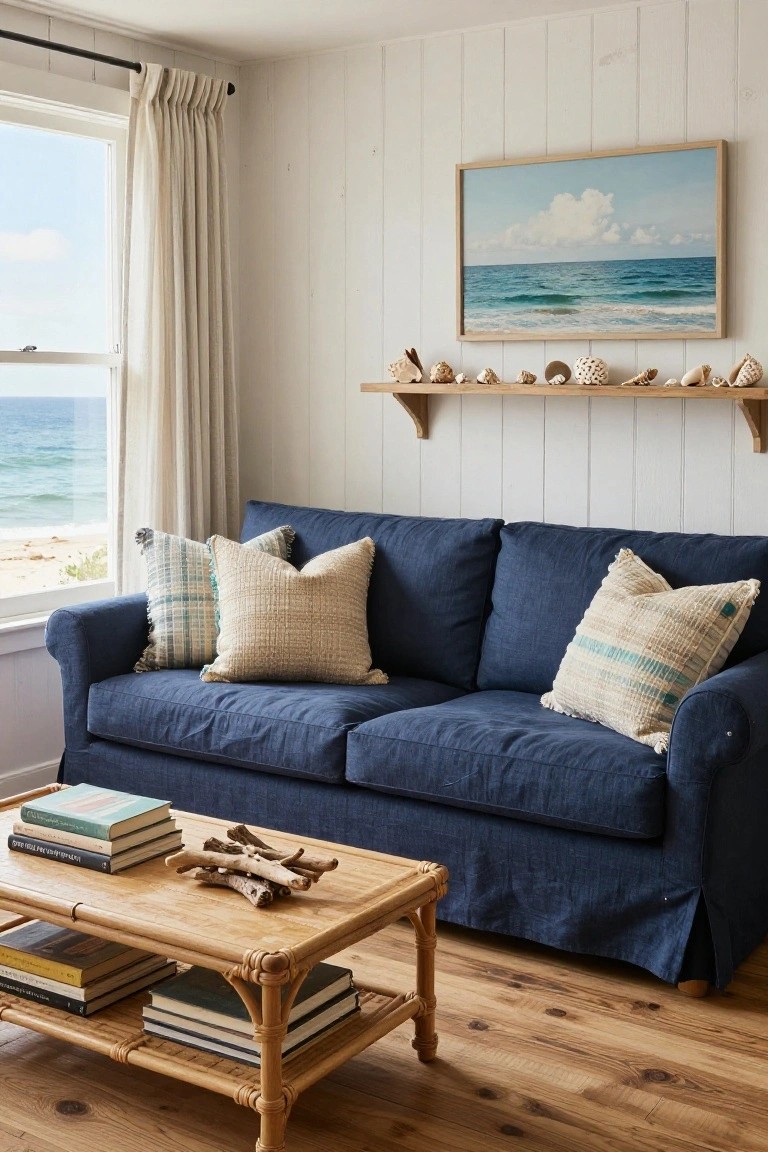 White shiplap-walled living room featuring a navy linen sofa with beige and plaid pillows, rattan coffee table with books and driftwood, linen curtains at ocean-view window, and shell shelf.