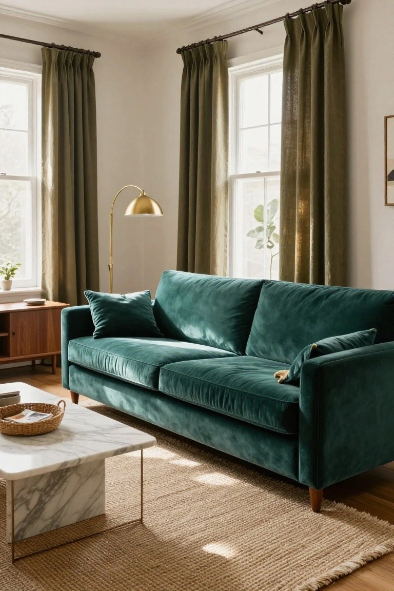 Teal velvet sofa with marble coffee table in sunlit living room.