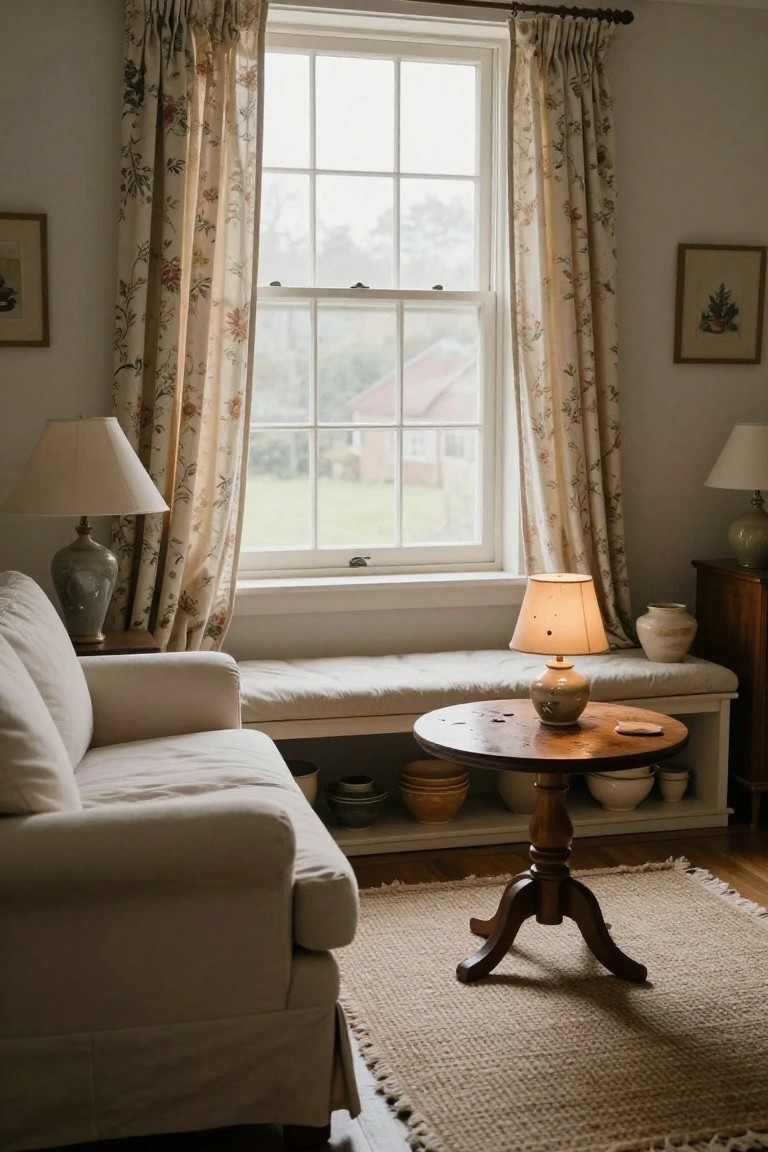 Cozy interior corner with cream sofa, window seat, wooden side table, ceramic lamps and vases, and light floral curtains on a large window overlooking a green landscape.