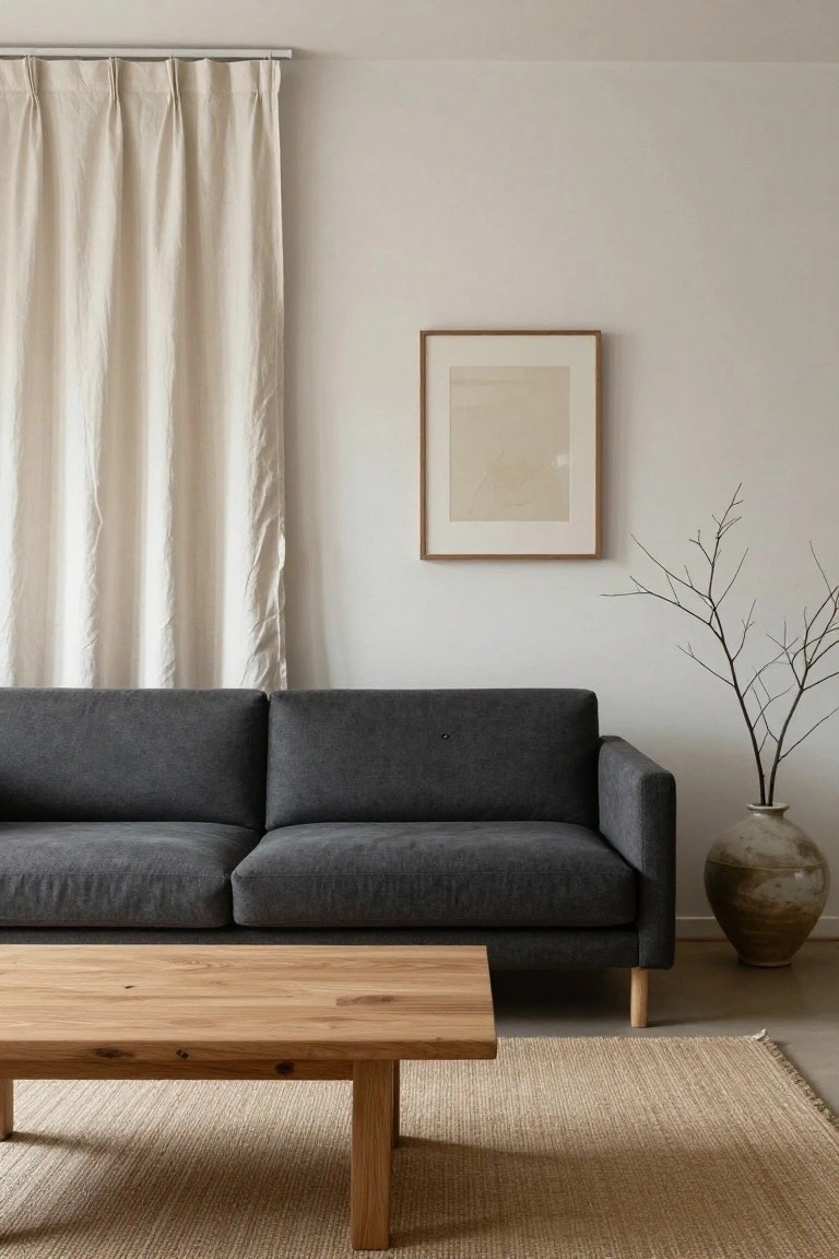 A living room interior with light beige pleated curtains on a window, dark gray L-shaped sofa, wooden coffee table, tall ceramic vase with branches, framed artwork on white walls, and seagrass rug on a light floor.