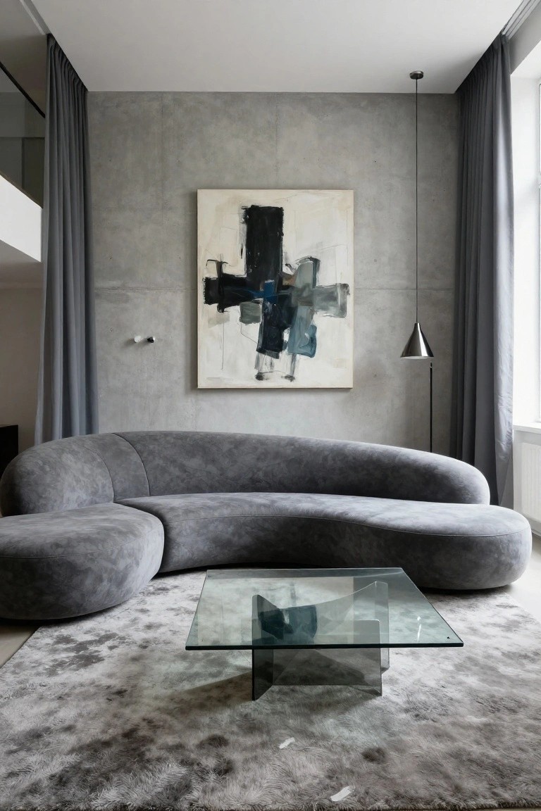 Modern living room with large curved gray velvet sofa, glass coffee table on gray rug, abstract black and blue painting on textured gray concrete wall, pendant light, floor lamp, and tall gray curtains next to window.