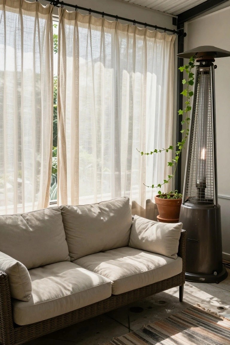 Wicker sofa with beige cushions beside a patio heater and sheer curtains.