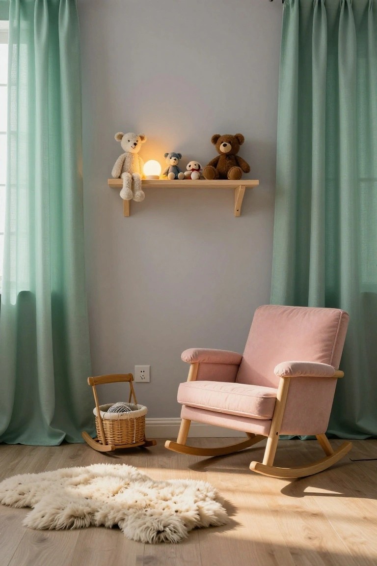 Nursery interior with mint green curtains, a pink upholstered rocking chair, wooden shelf holding teddy bears and a lamp, yarn basket, and white shag rug on light wood floors.