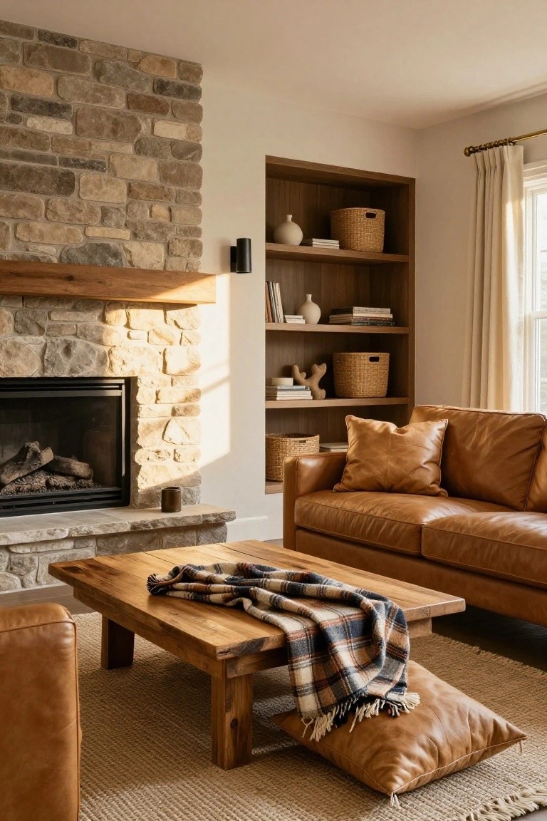 Living room with tan leather L-shaped sofa, wooden coffee table covered in plaid blanket, stone fireplace, wooden built-in shelves holding baskets books and ceramics, cream curtains on window, and beige seagrass rug.