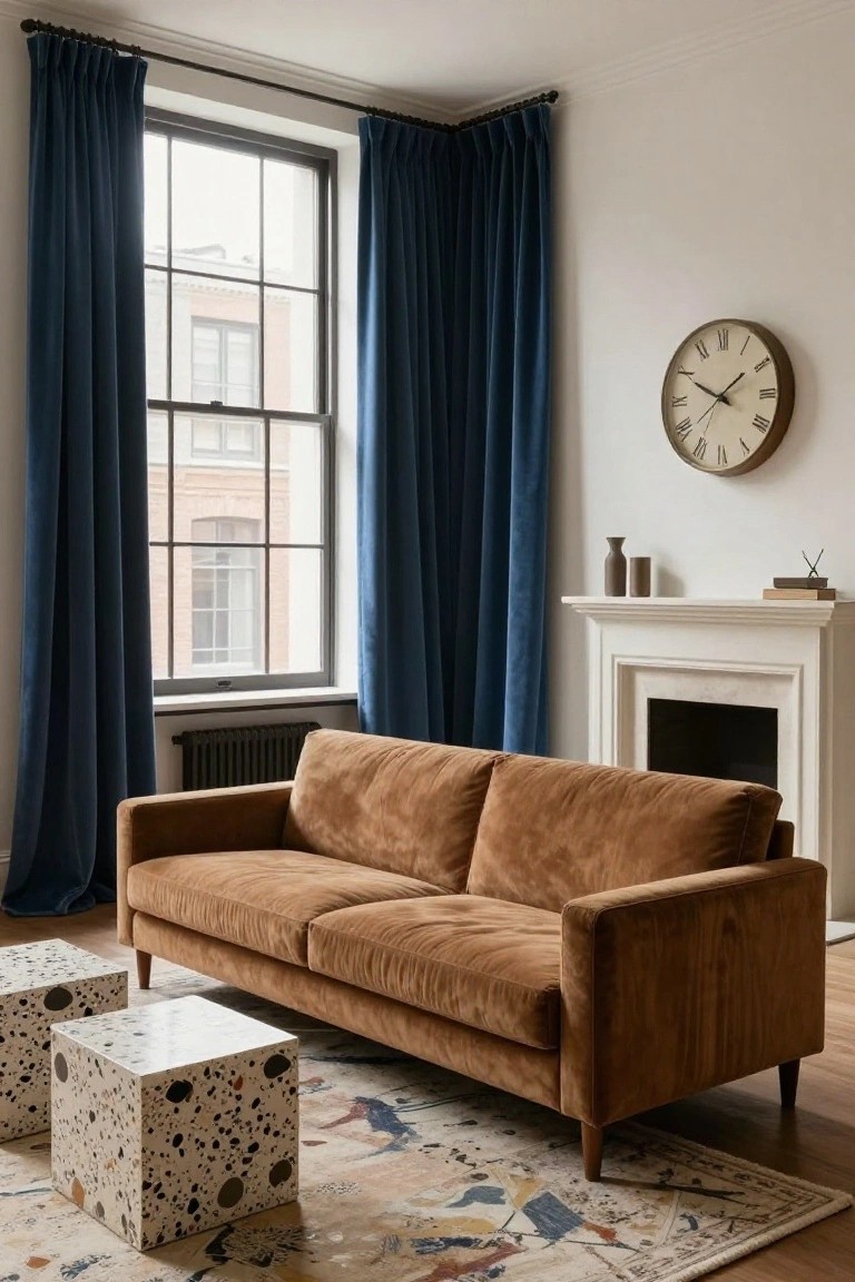 Living room interior with a tan velvet sofa in front of a white fireplace, deep blue pleated curtains covering tall windows, a colorful patterned rug on wood floors, and white terrazzo cube side tables.