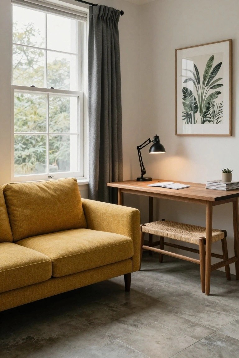Yellow sofa beside wooden desk with woven bench and leafy artwork.