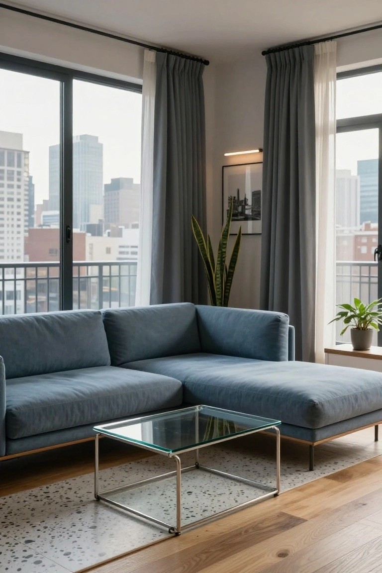 Modern living room with blue L-shaped sofa including chaise, glass coffee table on spotted rug, plants, and large windows showing city skyline.