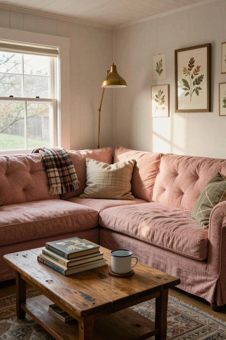 Blush pink tufted L-shaped sofa in a corner living room with plaid blanket and pillows draped over it, wooden coffee table holding stacked books and enamel mug, botanical prints on white walls, gold floor lamp, and window with view of outdoors.