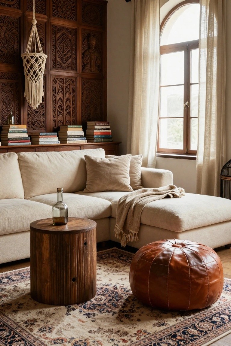 Living room with light beige L-shaped sofa and chaise lounge, wooden drum table holding glass bottle, orange leather pouf on multicolored Persian rug, carved dark wood wall panels with macrame hanger and bookshelves, large arched window with sheer curtains.