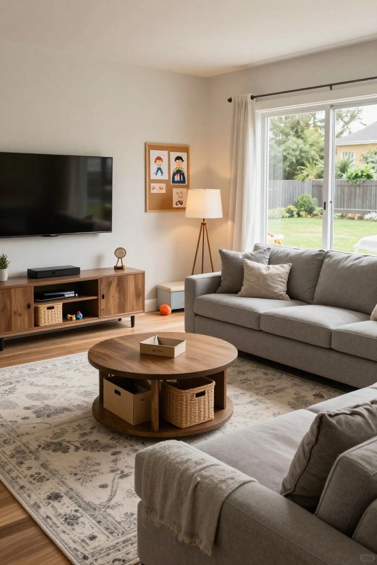 A bright living room with a gray L-shaped sectional sofa, round wooden coffee table with storage baskets, wooden TV console, and sliding glass doors opening to a backyard with greenery.