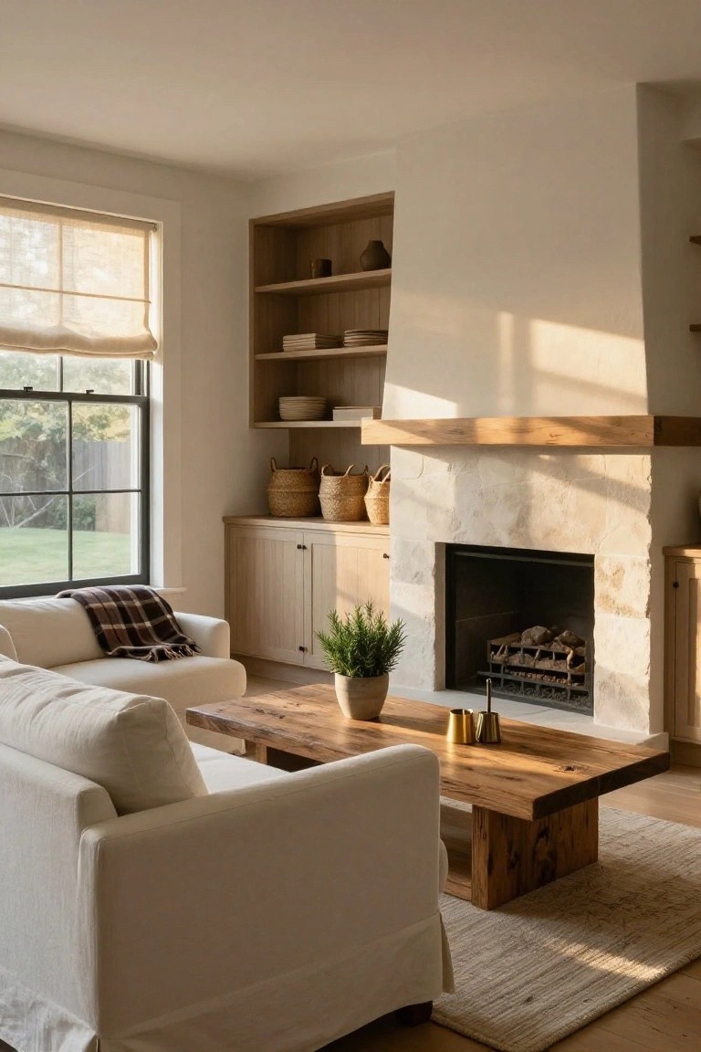 Bright living room with white linen sectional sofa with chaise lounge, wooden coffee table, stone fireplace with wood mantel, built-in cabinets, large windows with linen shades, and potted plants.
