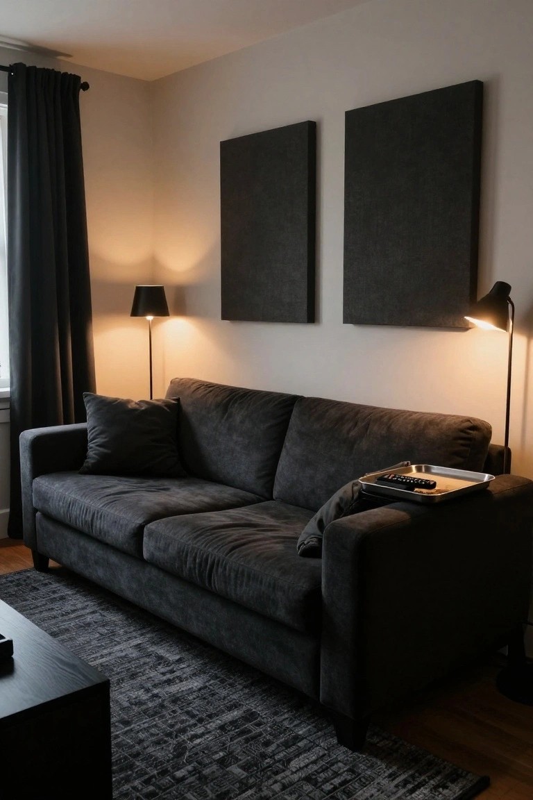 Modern living room with dark gray upholstered sofa on black and gray rug in front of black TV stand, flanked by two floor lamps and black acoustic panels on beige walls.