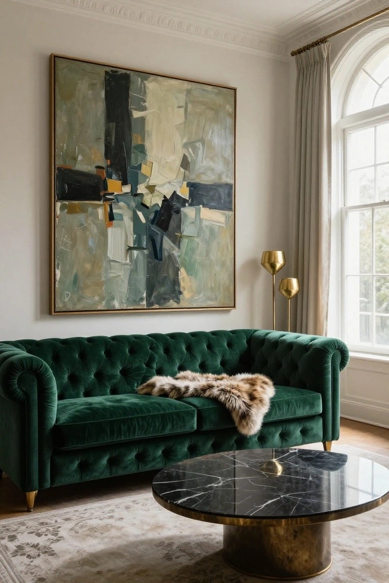 Living room interior with a tufted emerald green velvet sofa draped in a fur throw, black marble round coffee table on brass base, pair of gold floor lamps, large abstract painting on wall, and arched window with cream curtains.