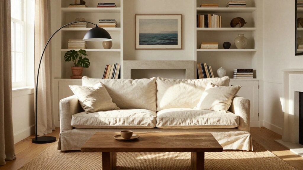 20 Sofa With Chaise Ideas for Relaxed Living A white slipcovered L-shaped sofa with chaise lounge on a seagrass rug in a bright living room with white built-in bookshelves, a fireplace mantel, arc floor lamp, and potted plants near large windows.