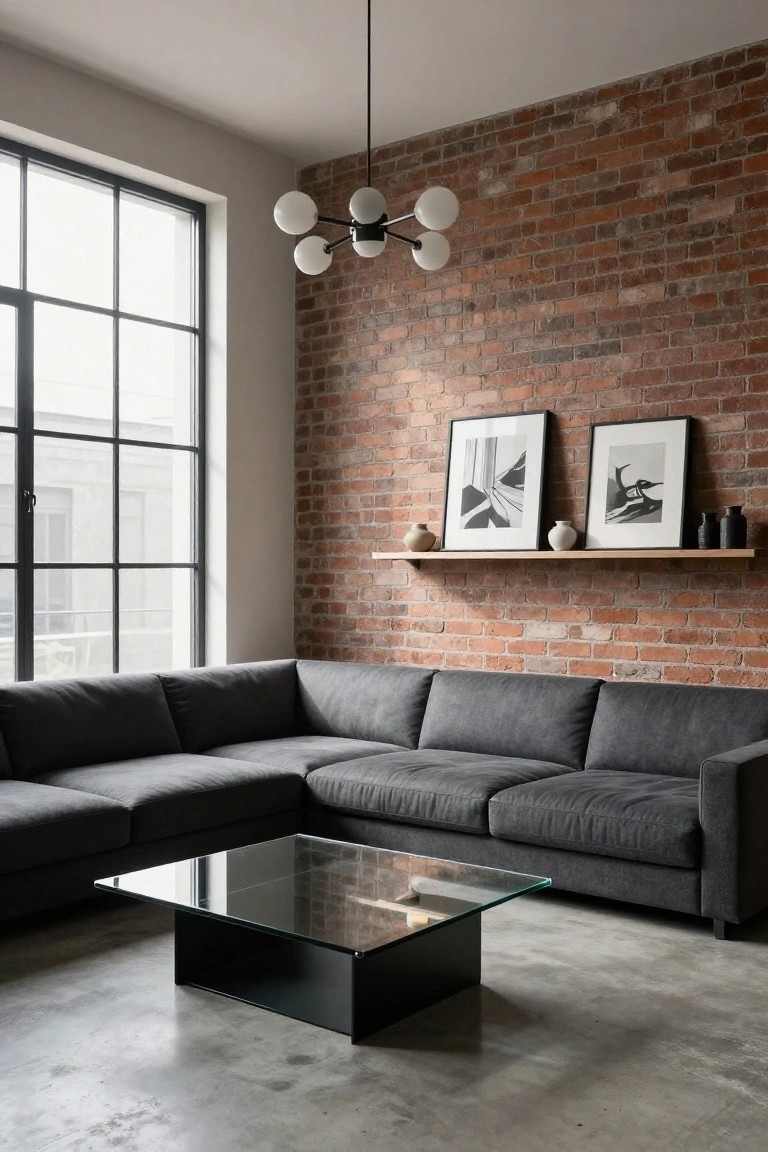 Gray L-shaped fabric sofa with chaise in a modern industrial living room featuring exposed brick wall, wooden shelf with art and ceramics, large black-framed windows, white globe chandelier, and black-based glass coffee table on polished concrete floor.