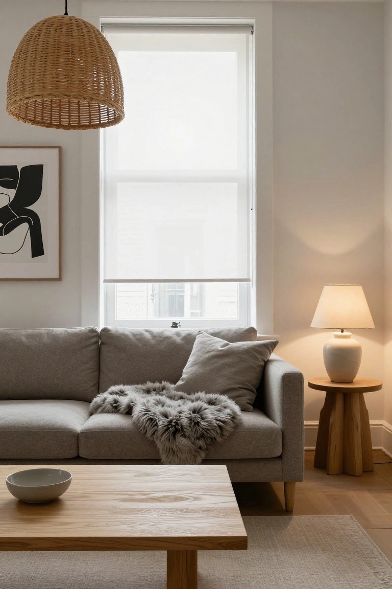 Gray L-shaped sofa with chaise lounge in a light living room, draped with a gray fur throw and pillows, next to a wooden coffee table holding a white bowl, a wooden side table with white lamp, sheer window blind, and abstract wall art.