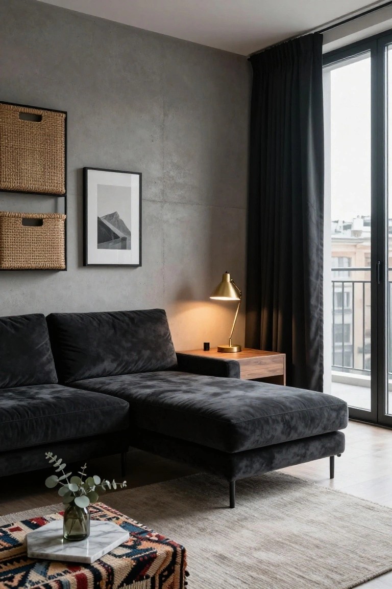 Modern living room corner with black velvet L-shaped sofa and chaise, gray concrete walls, large window with black curtains, gold arc lamp on wooden side table, woven wall baskets, abstract framed print, colorful patterned pouf ottoman holding glass vase with eucalyptus.